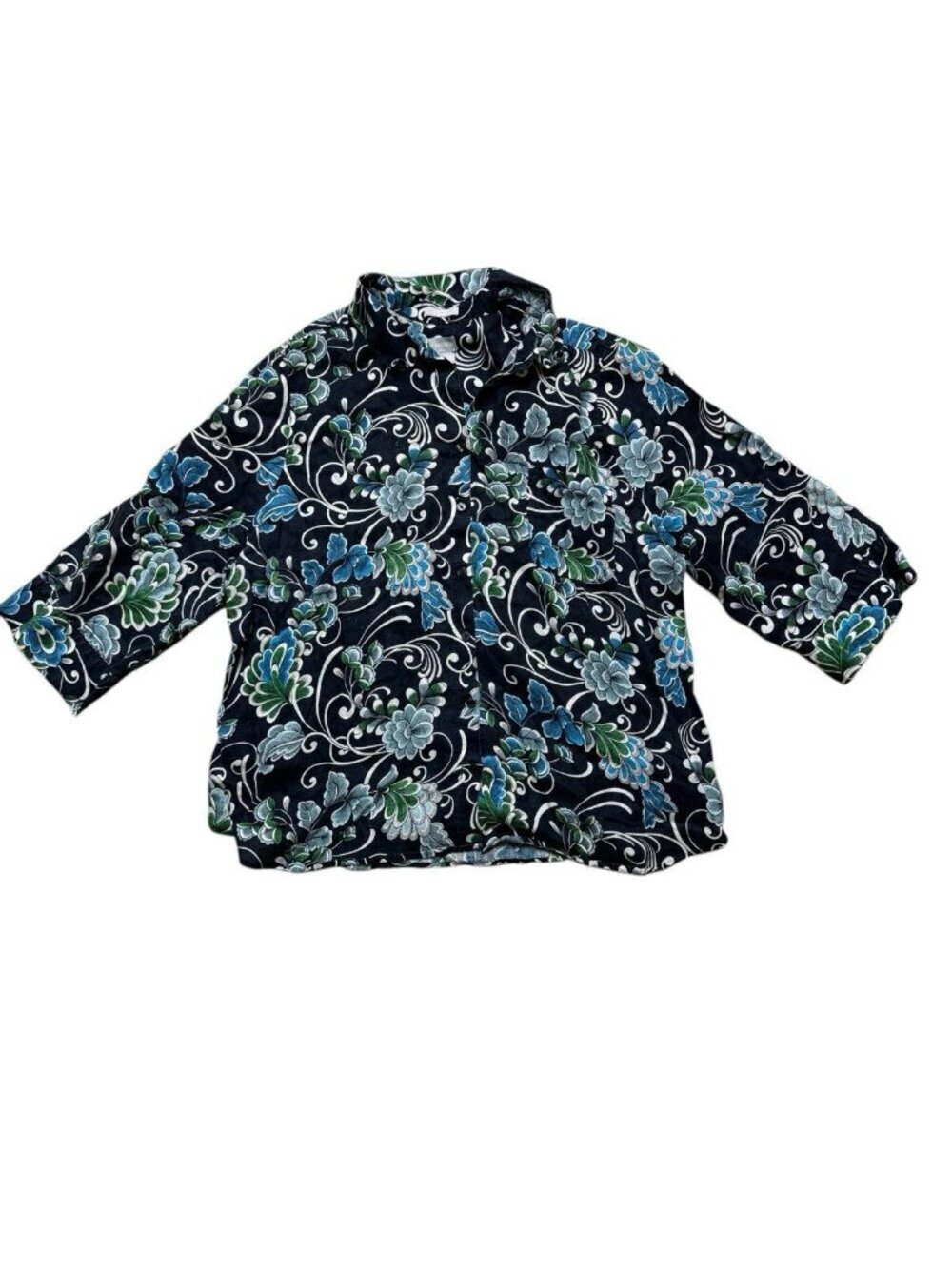 Chico’s Linen Button Front Blouse Floral Blue Green Size 4 No Iron
